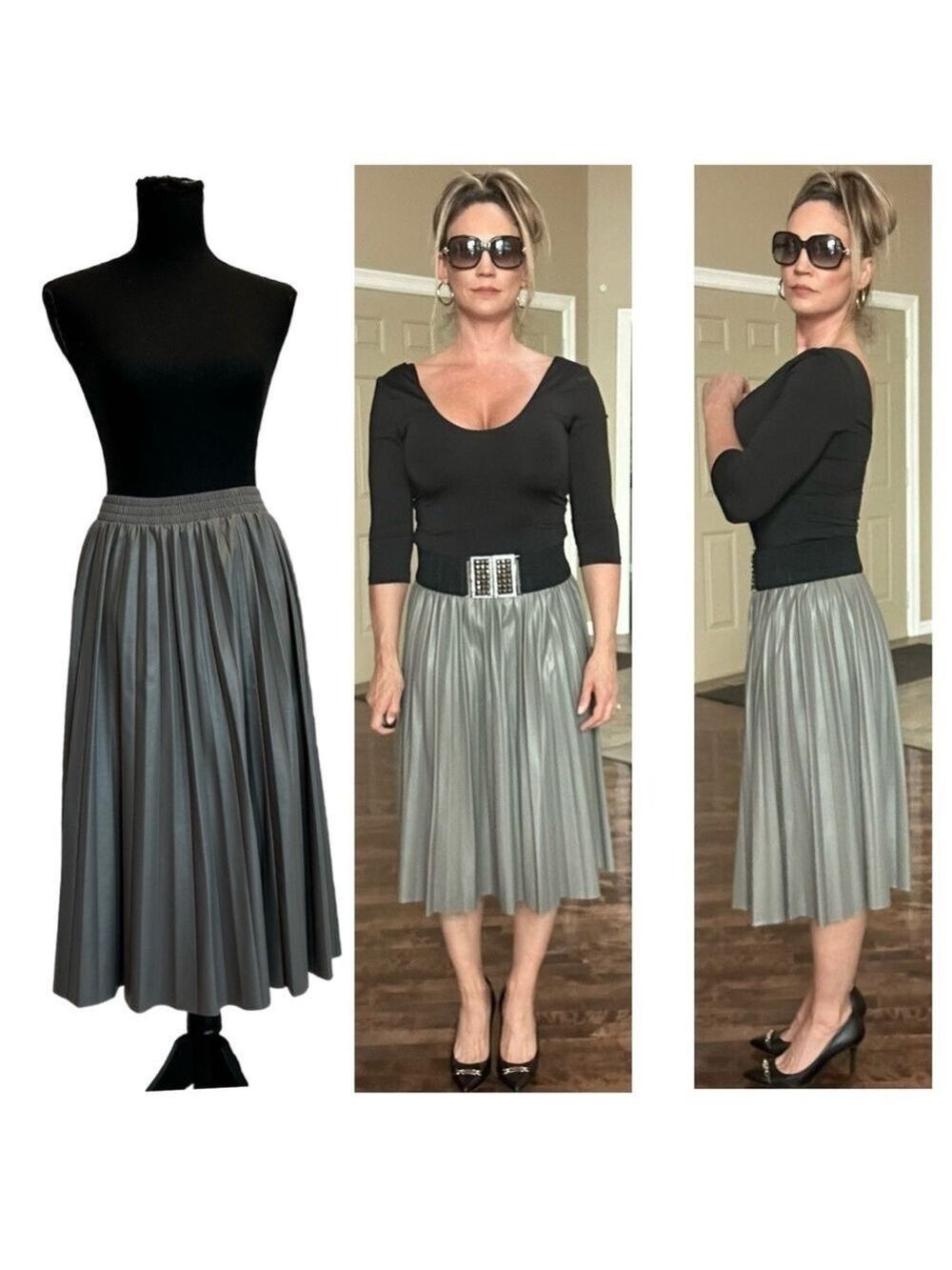Kate Hewko charcoal gray faux leather pleated A-line midi skirt  pleather vegan